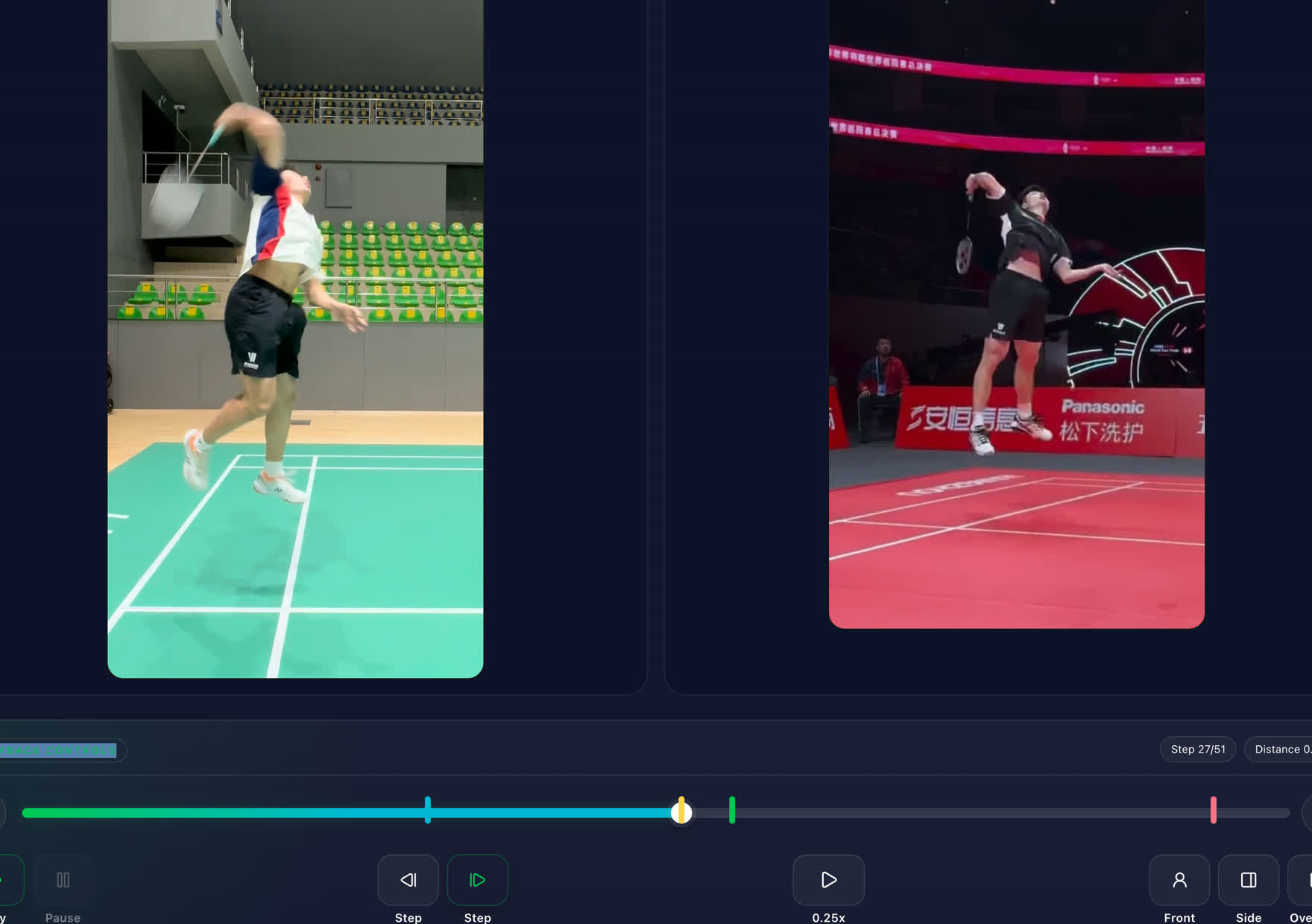 Synchronized comparison of a practice recording and badminton reference in Duolian App
